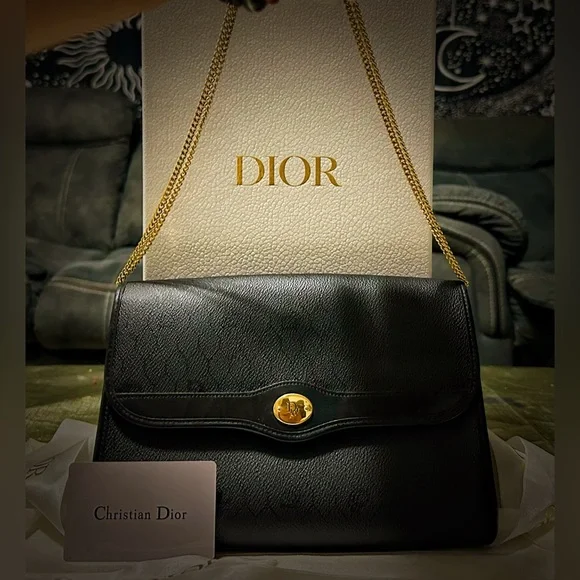 Authentic  vintage Dior Black Leather shoulder bag with Gold Accents make offer - Picture 11 of 17